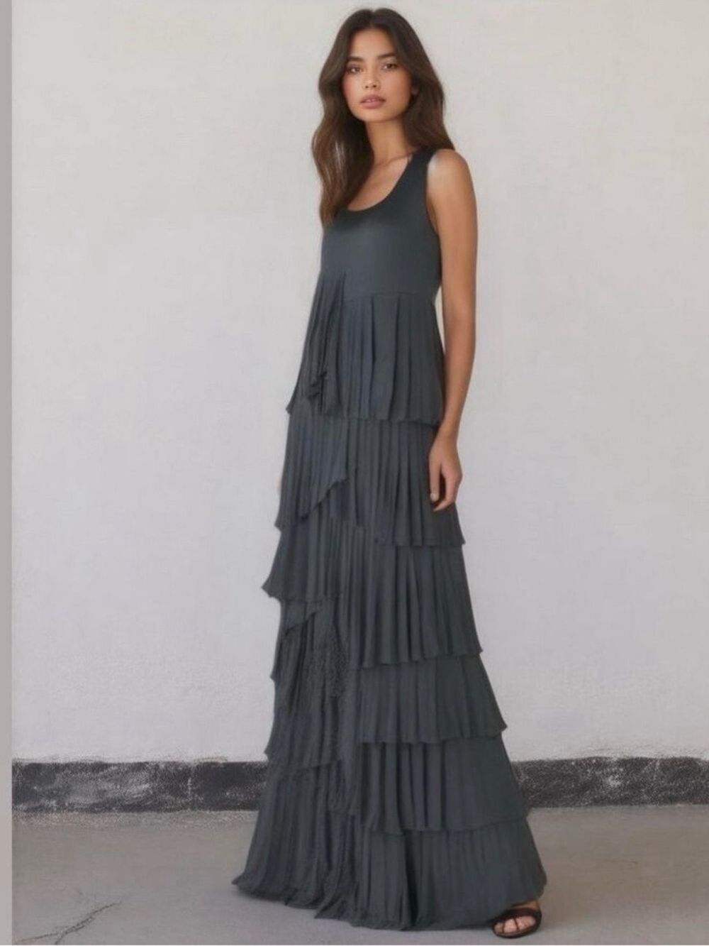 Vivienne Tam Ruffled Tiered Maxi Dress XS Gray Stretch Boho Cocktail Party Chic